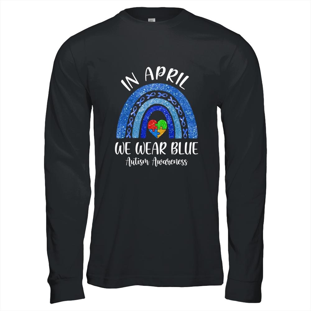 In April We Wear Blue Autism Rainbow Awareness Month Puzzle-T-Shirt & Hoodie-Long Sleeve T-Shirt-Black
