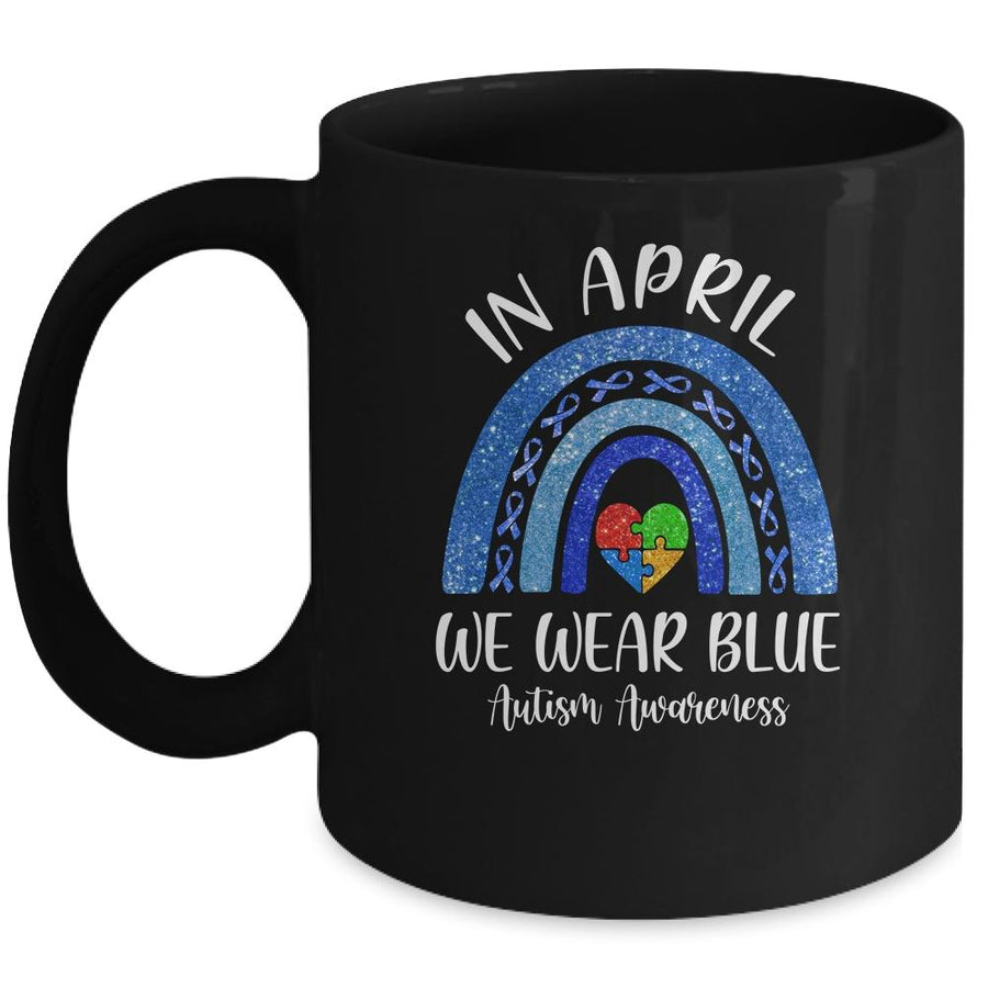 In April We Wear Blue Autism Rainbow Awareness Month Puzzle Mug-Coffee Mug-Mug-Black