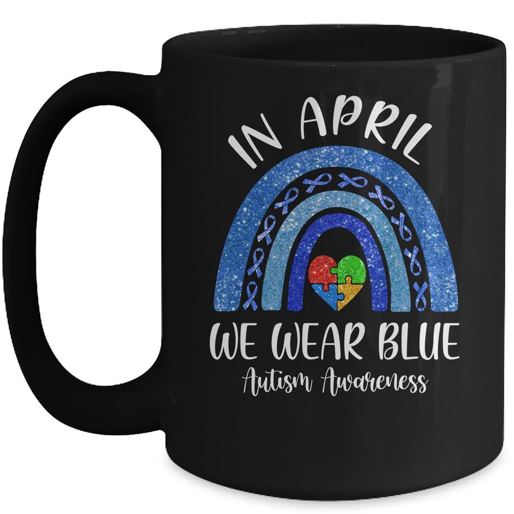In April We Wear Blue Autism Rainbow Awareness Month Puzzle Mug-Coffee Mug-Mug-Black