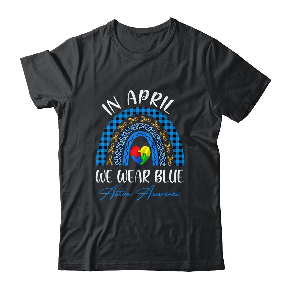 In April We Wear Blue Rainbow Puzzle Autism Awareness