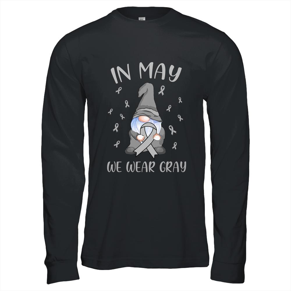 In May We Wear Gray Brain Cancer Awareness Ribbon Gnome-T-Shirt & Hoodie-Long Sleeve T-Shirt-Black