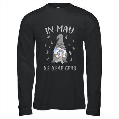 In May We Wear Gray Brain Cancer Awareness Ribbon Gnome-T-Shirt & Hoodie-Long Sleeve T-Shirt-Black