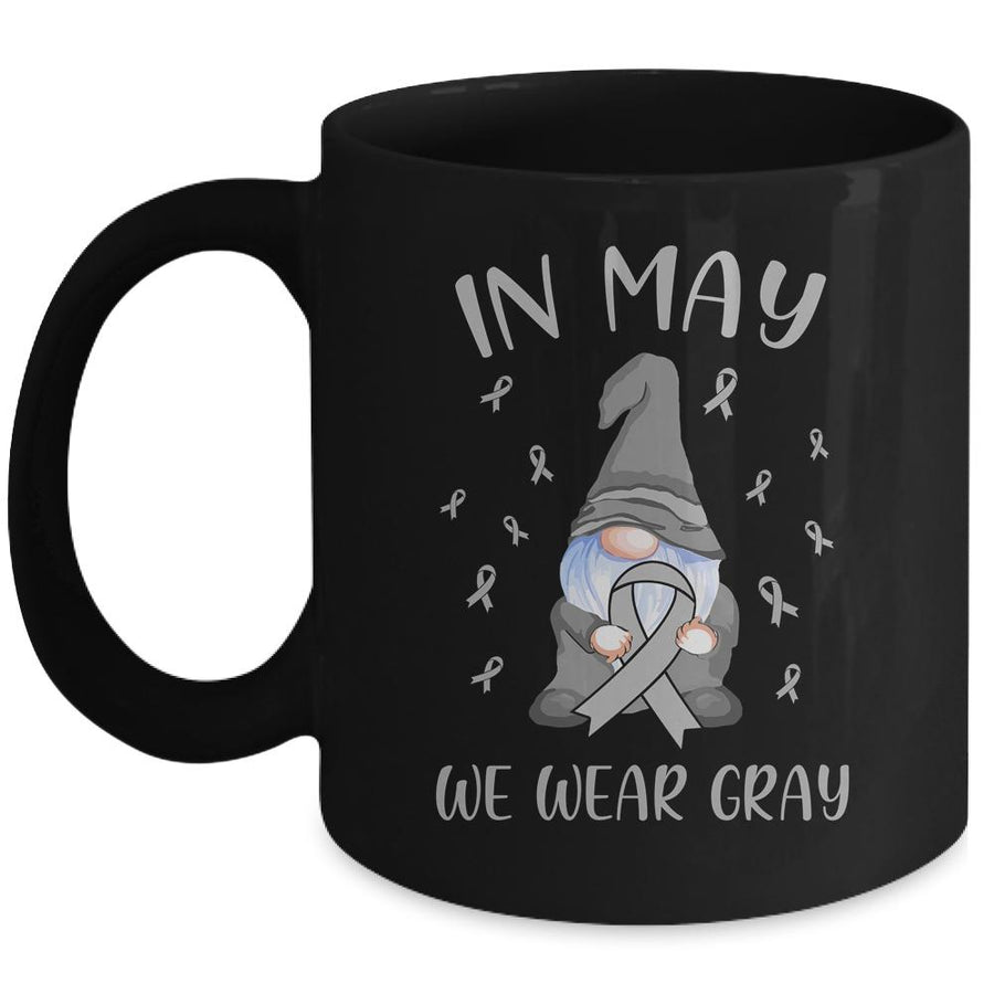 In May We Wear Gray Brain Cancer Awareness Ribbon Gnome Mug-Coffee Mug-Mug-Black