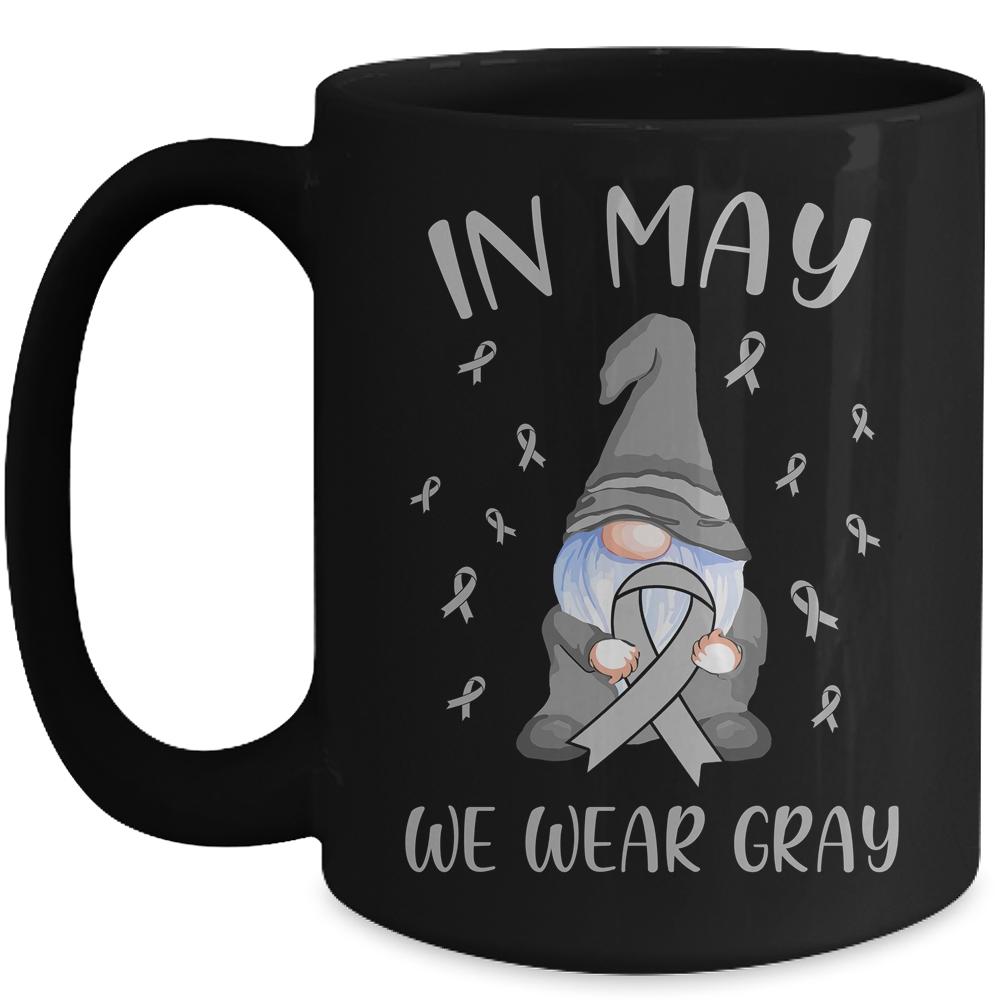 In May We Wear Gray Brain Cancer Awareness Ribbon Gnome Mug-Coffee Mug-Mug-Black