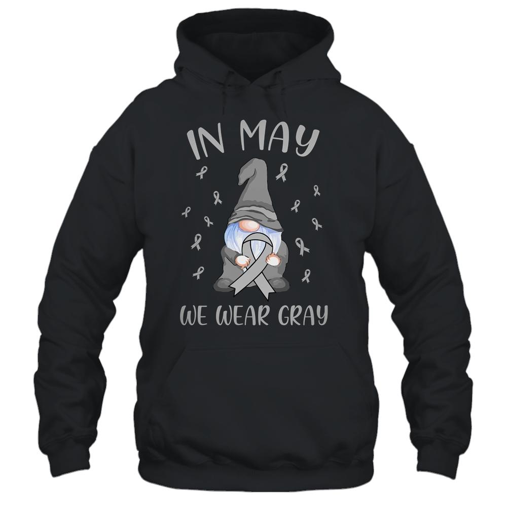 In May We Wear Gray Brain Cancer Awareness Ribbon Gnome-T-Shirt & Hoodie-Pullover Hoodie-Black