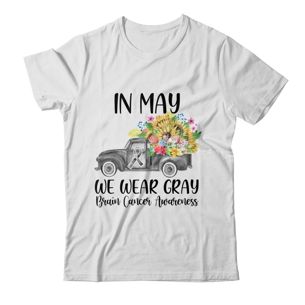 In May We Wear Gray Floral Truck Brain Cancer Awareness-T-Shirt & Hoodie-Classic T-Shirt-White