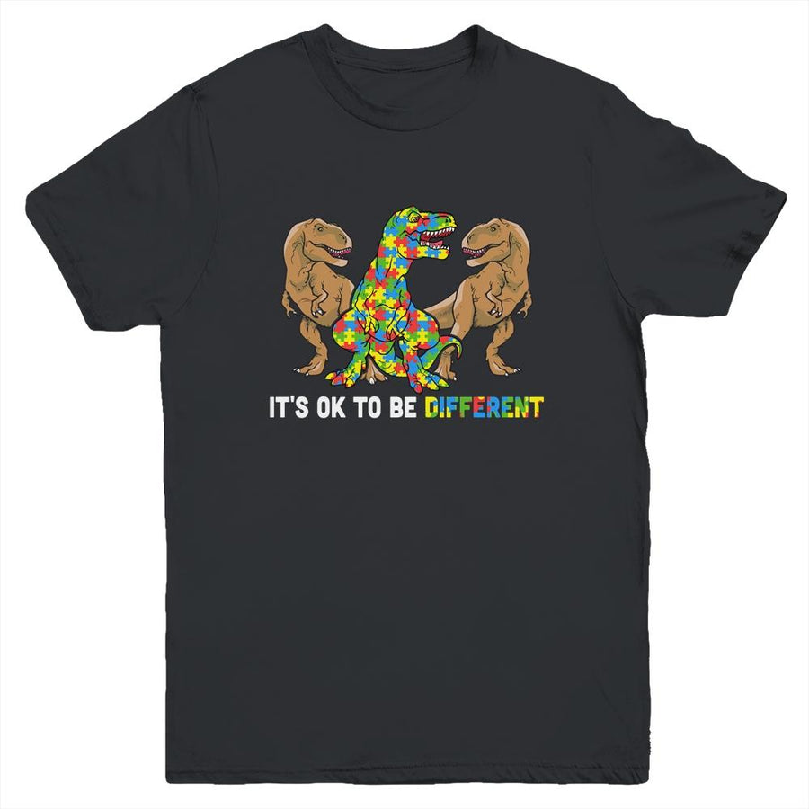 It's Ok To Be Different Dinosaur Autism Awareness Gifts Youth-Youth Shirt-Youth T-Shirt-Black