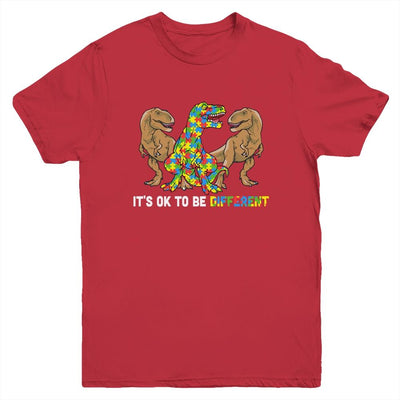 It's Ok To Be Different Dinosaur Autism Awareness Gifts Youth-Youth Shirt-Youth T-Shirt-Red