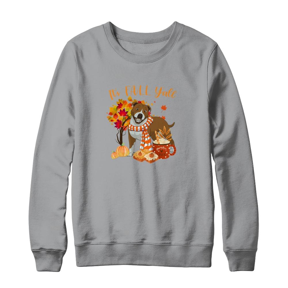 Its Fall Yall Pitbull Dog Halloween Autumn-T-Shirt & Sweatshirt-Crewneck Sweatshirt-Sport Grey