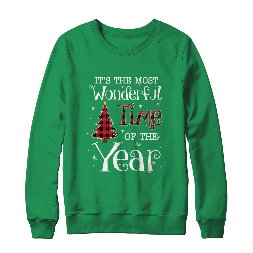 Its The Most Wonderful Time The Year Red Plaid Christmas Tree-T-Shirt & Sweatshirt-Crewneck Sweatshirt-Irish Green