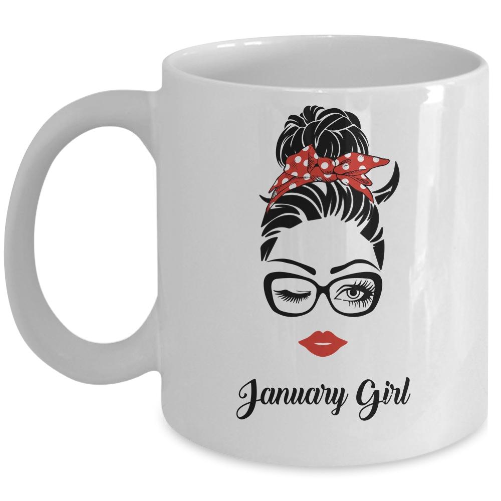 January Girl Woman Face Wink Eyes Lady Face Birthday Gift Mug-Coffee Mug-Mug-White