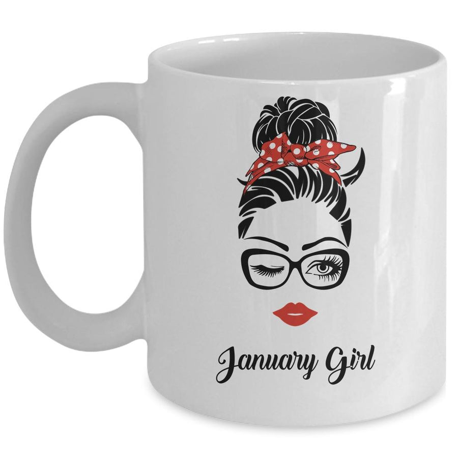 January Girl Woman Face Wink Eyes Lady Face Birthday Gift Mug-Coffee Mug-Mug-White