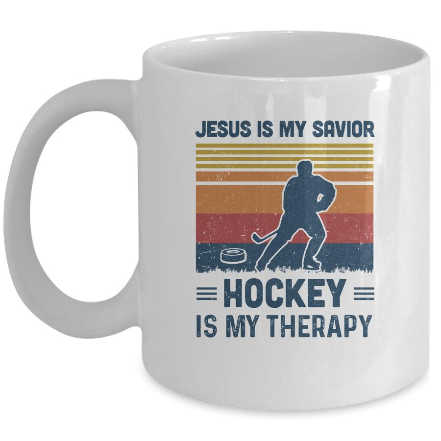 Jesus Is My Savior Hockey Is My Therapy Vintage Christian Gift Mug-Coffee Mug-Mug-White