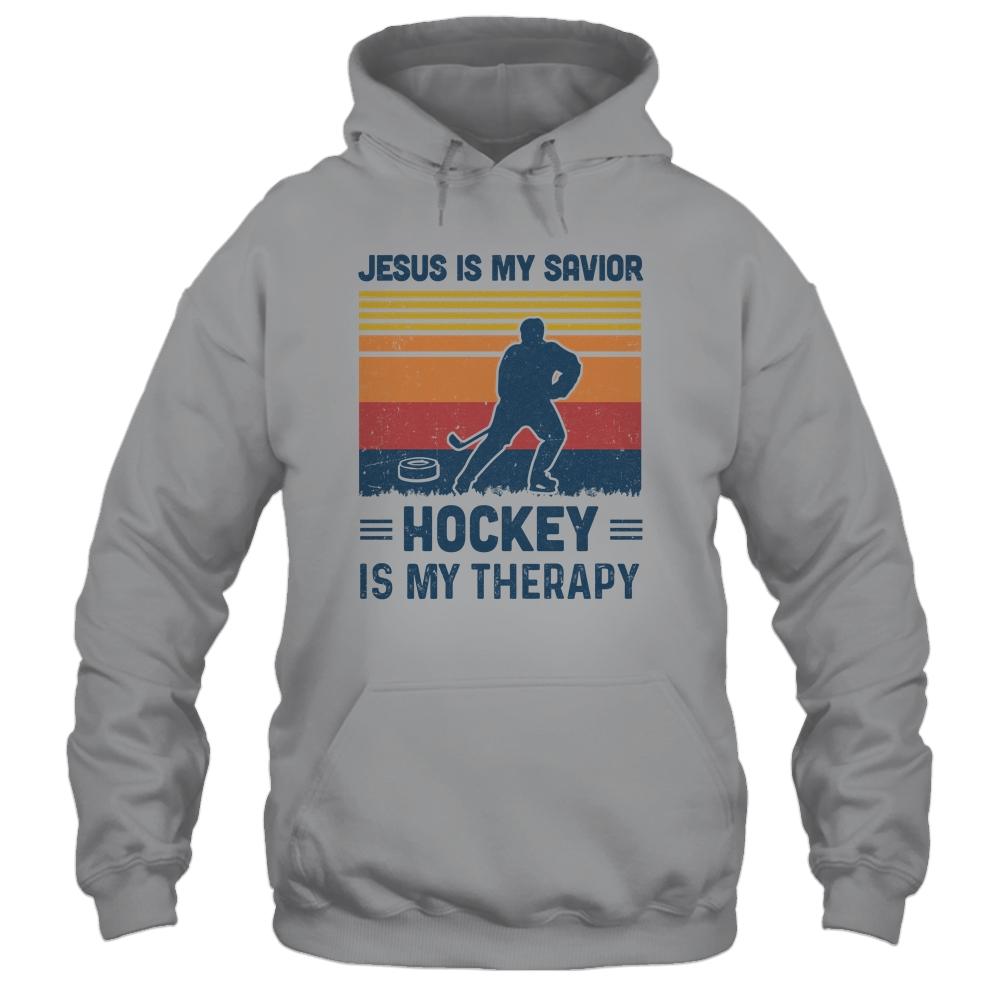 Jesus Is My Savior Hockey Is My Therapy Vintage Christian Gift-T-Shirt & Hoodie-Pullover Hoodie-Sport Grey