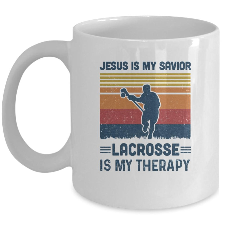 Jesus Is My Savior Lacrosse Is My Therapy Vintage Christian Gift Mug-Coffee Mug-Mug-White