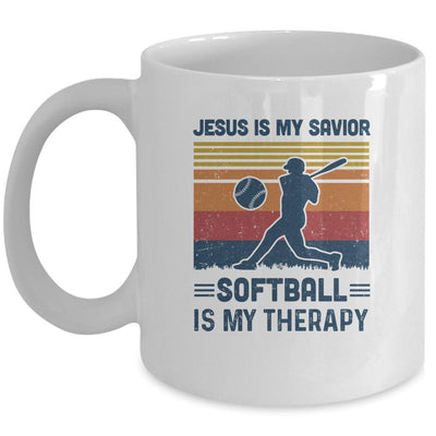 Jesus Is My Savior Softball Is My Therapy Vintage Christian Gift Mug-Coffee Mug-Mug-White