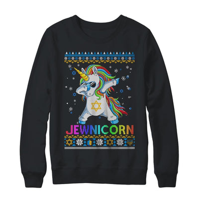 Jewnicorn Ugly Hanukkah Sweater Dabbing Unicorn Chanukah-T-Shirt & Sweatshirt-Crewneck Sweatshirt-Black