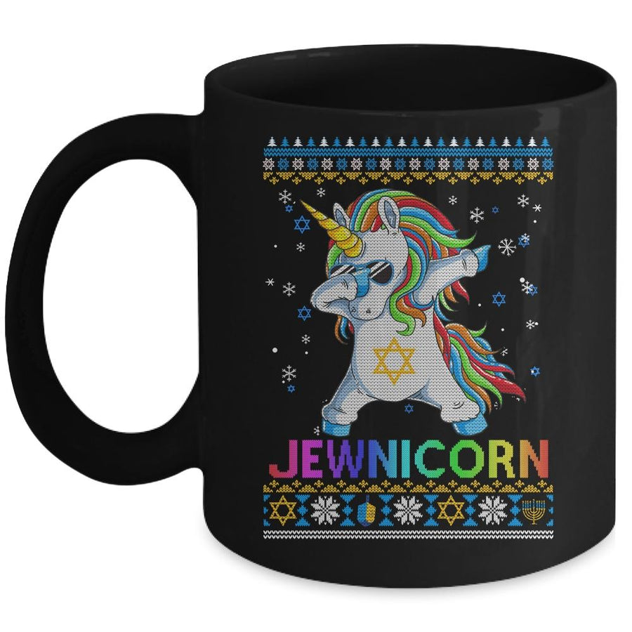 Jewnicorn Ugly Hanukkah Sweater Dabbing Unicorn Chanukah Mug-Coffee Mug-Mug-Black