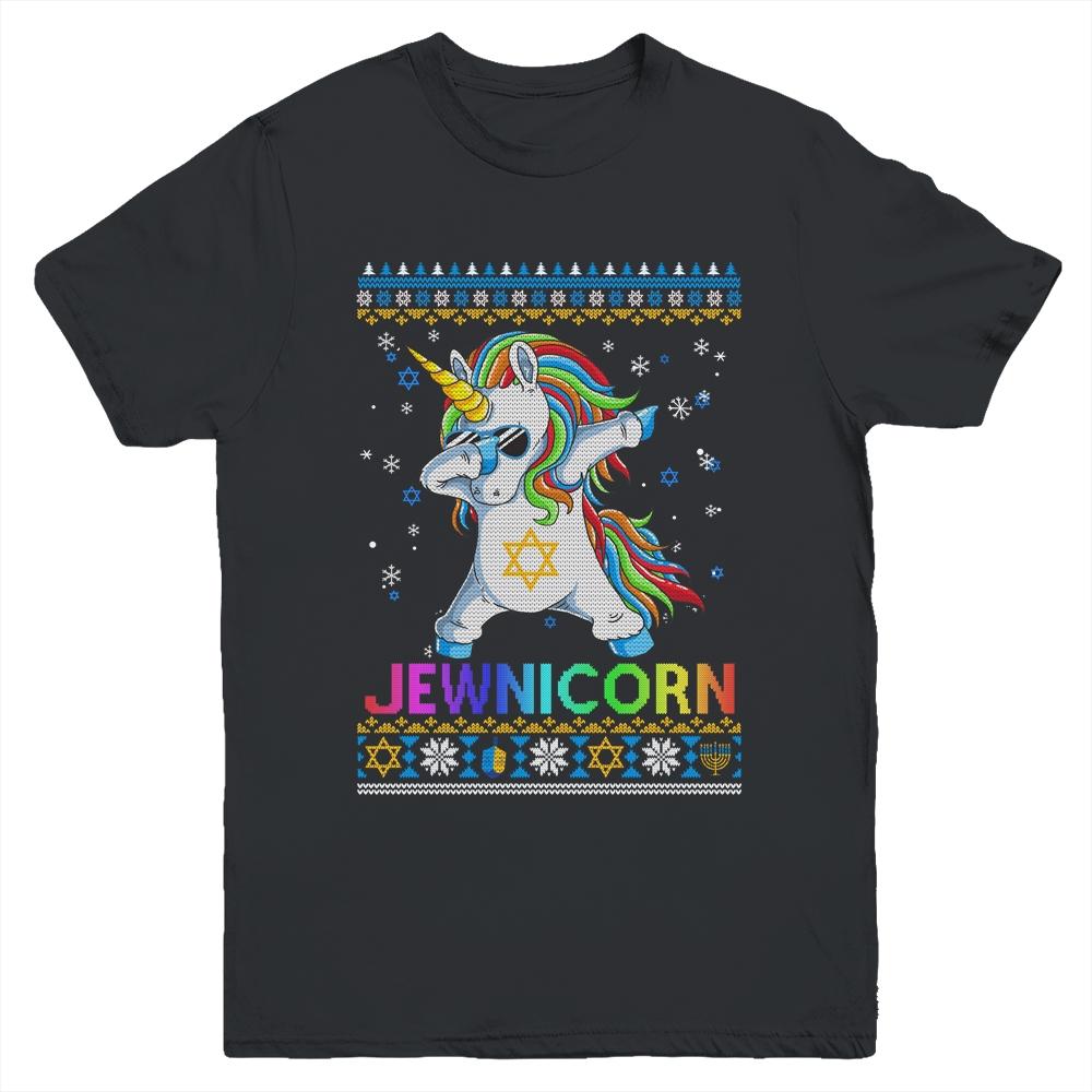 Jewnicorn Ugly Hanukkah Sweater Dabbing Unicorn Chanukah Youth-Youth Shirt-Youth T-Shirt-Black