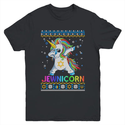 Jewnicorn Ugly Hanukkah Sweater Dabbing Unicorn Chanukah Youth-Youth Shirt-Youth T-Shirt-Black