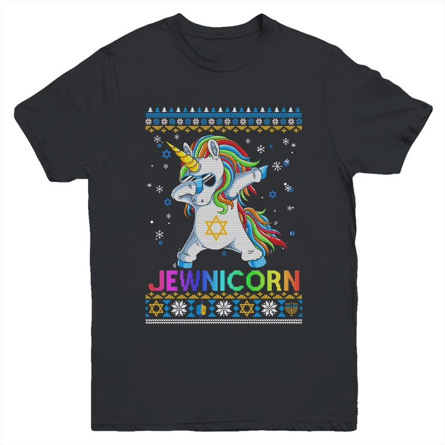 Jewnicorn Ugly Hanukkah Sweater Dabbing Unicorn Chanukah Youth-Youth Shirt-Youth T-Shirt-Black
