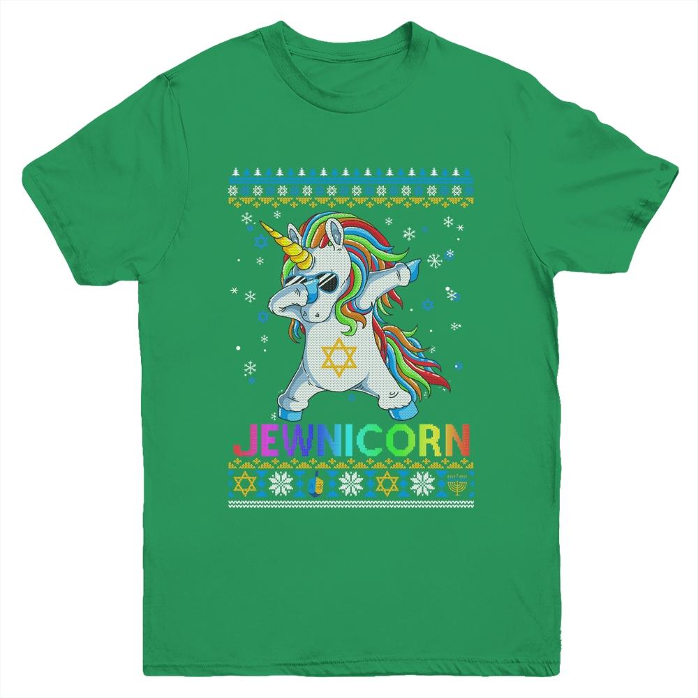Jewnicorn Ugly Hanukkah Sweater Dabbing Unicorn Chanukah Youth-Youth Shirt-Youth T-Shirt-Irish Green