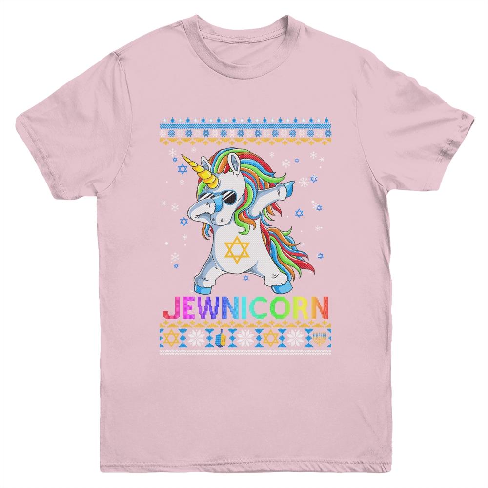 Jewnicorn Ugly Hanukkah Sweater Dabbing Unicorn Chanukah Youth-Youth Shirt-Youth T-Shirt-Light Pink