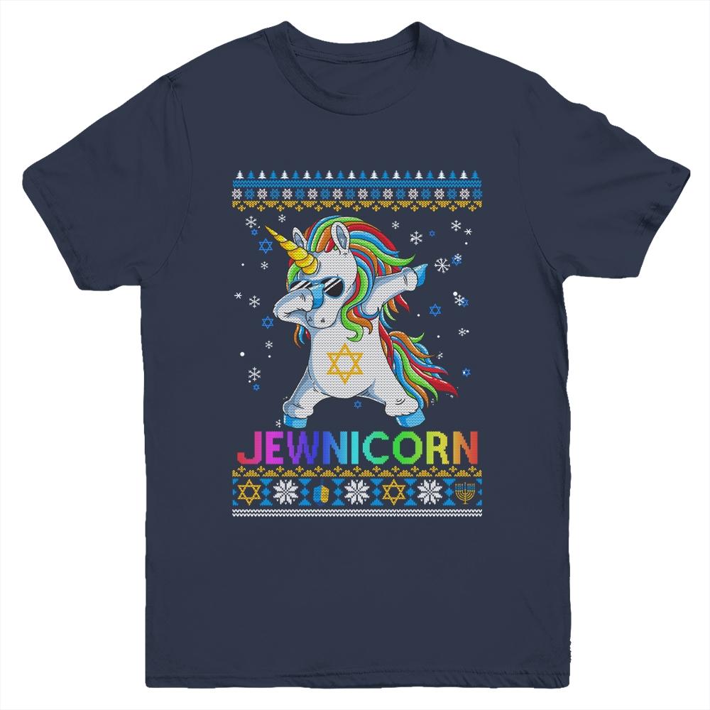 Jewnicorn Ugly Hanukkah Sweater Dabbing Unicorn Chanukah Youth-Youth Shirt-Youth T-Shirt-Navy