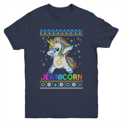 Jewnicorn Ugly Hanukkah Sweater Dabbing Unicorn Chanukah Youth-Youth Shirt-Youth T-Shirt-Navy