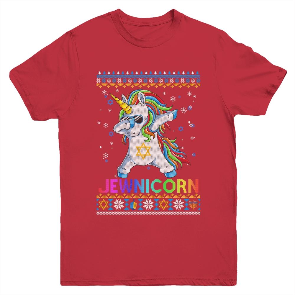 Jewnicorn Ugly Hanukkah Sweater Dabbing Unicorn Chanukah Youth-Youth Shirt-Youth T-Shirt-Red