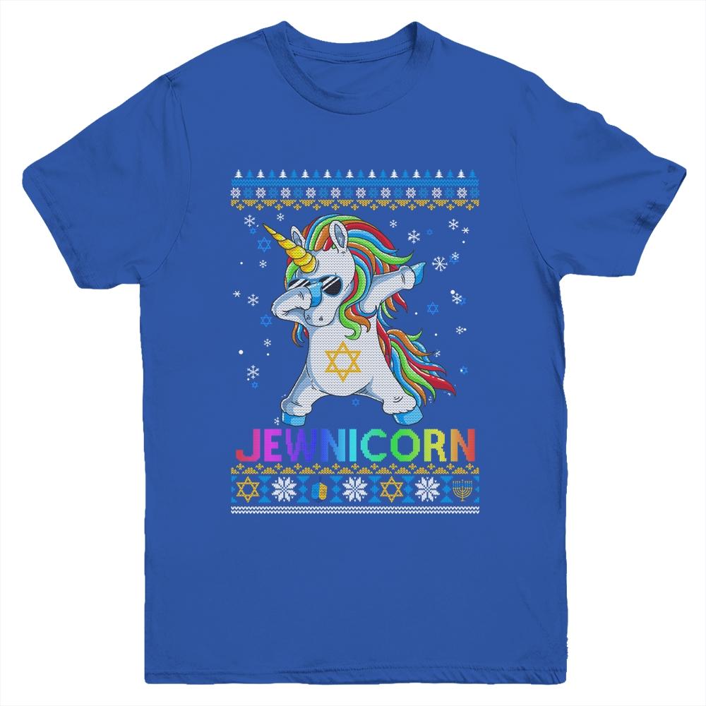 Jewnicorn Ugly Hanukkah Sweater Dabbing Unicorn Chanukah Youth-Youth Shirt-Youth T-Shirt-Royal