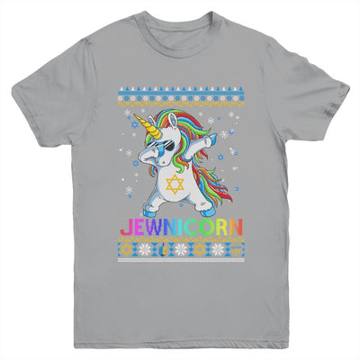 Jewnicorn Ugly Hanukkah Sweater Dabbing Unicorn Chanukah Youth-Youth Shirt-Youth T-Shirt-Sport Grey