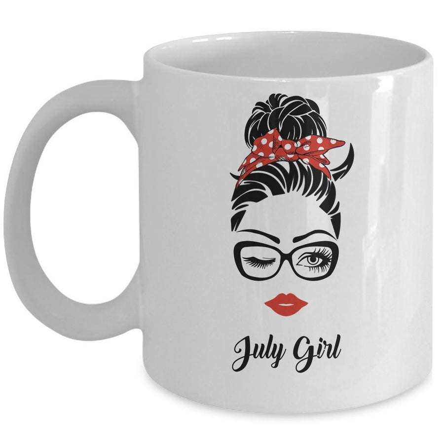 July Girl Woman Face Wink Eyes Lady Face Birthday Gift Mug-Coffee Mug-Mug-White