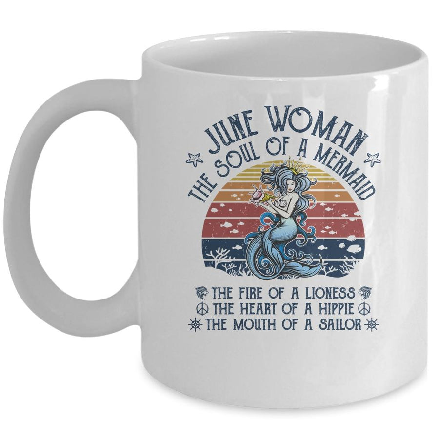 June Woman The Soul Of A Mermaid Vintage Birthday Gift Mug-Coffee Mug-Mug-White