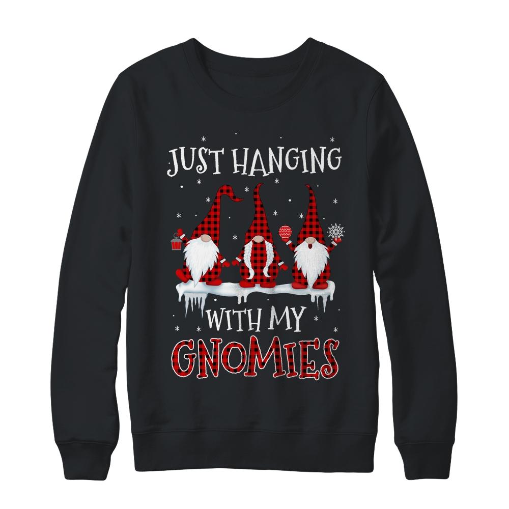 Just Hanging With My Gnomies Buffalo Plaid Funny Christmas-T-Shirt & Sweatshirt-Crewneck Sweatshirt-Black