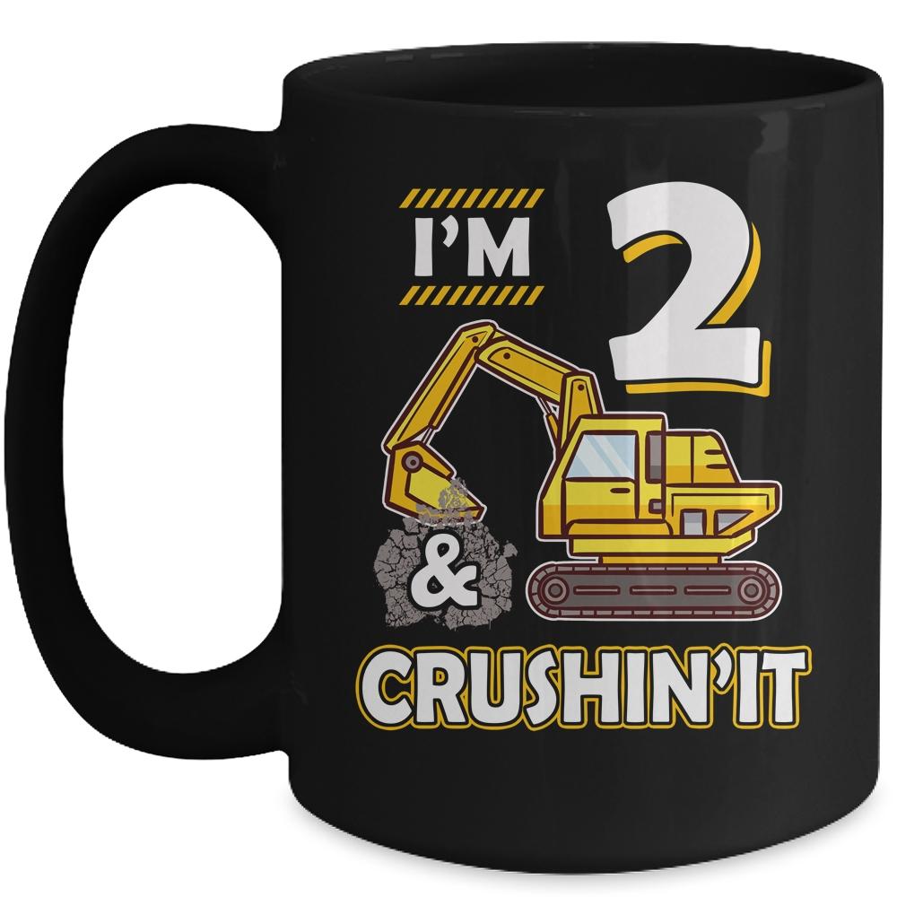 Kids 2 Year Old Vehicles Construction Excavator Birthday 2th Mug-Coffee Mug-Mug-Black