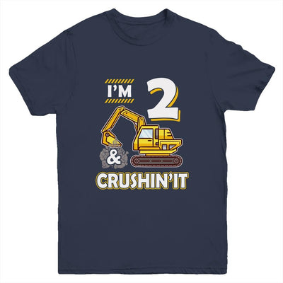 Kids 2 Year Old Vehicles Construction Excavator Birthday 2th Youth-Youth Shirt-Youth T-Shirt-Navy