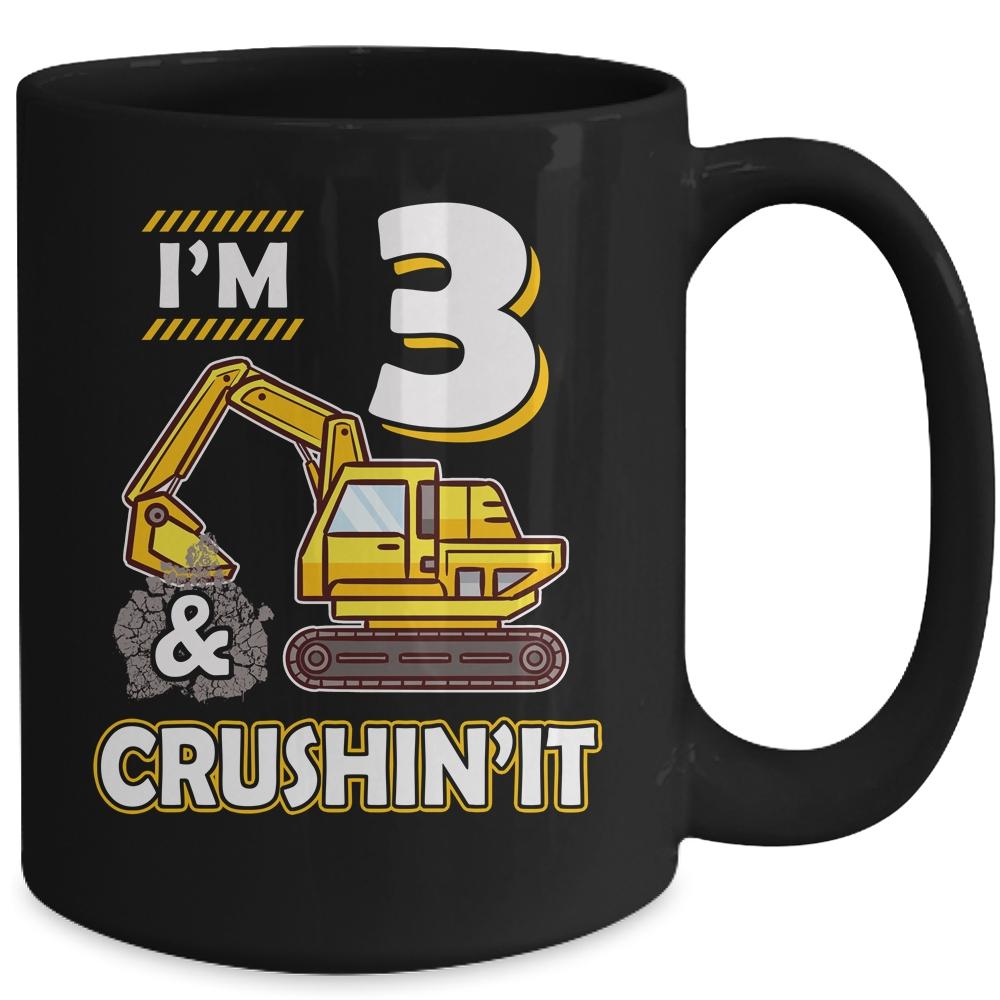 Kids 3 Year Old Vehicles Construction Excavator Birthday 3th Mug-Coffee Mug-