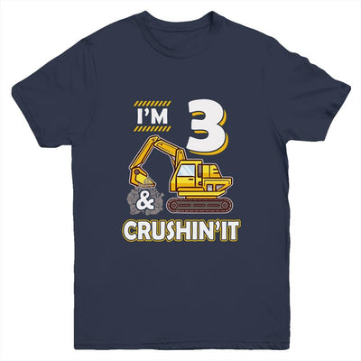 Kids 3 Year Old Vehicles Construction Excavator Birthday 3th Youth-Youth Shirt-Youth T-Shirt-Navy