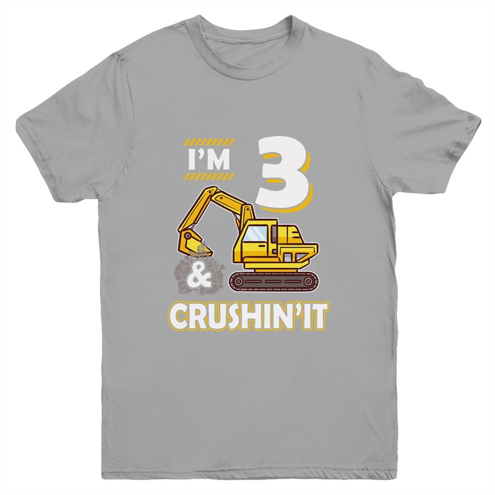 Kids 3 Year Old Vehicles Construction Excavator Birthday 3th Youth-Youth Shirt-Youth T-Shirt-Sport Grey