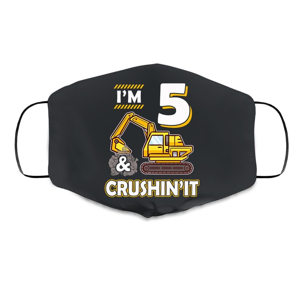 Kids 5 Year Old Vehicles Construction Excavator Birthday 5th Cloth Face Mask-Cloth Face Mask-Cloth Face Mask-Black