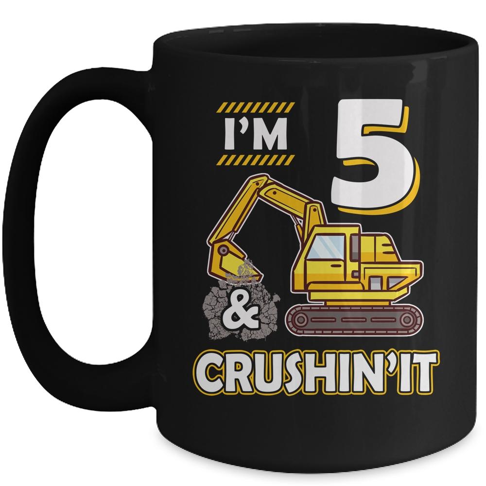 Kids 5 Year Old Vehicles Construction Excavator Birthday 5th Mug-Coffee Mug-Mug-Black
