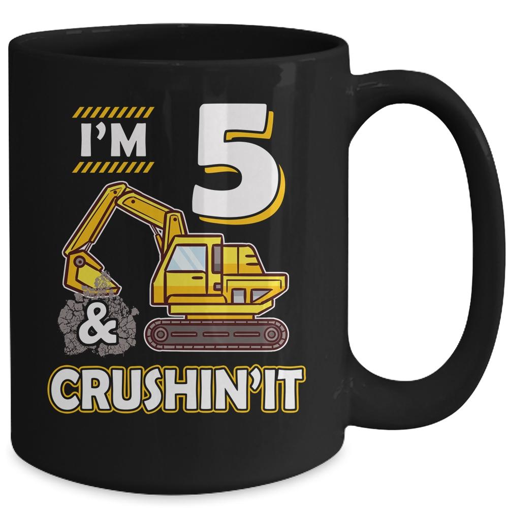 Kids 5 Year Old Vehicles Construction Excavator Birthday 5th Mug-Coffee Mug-
