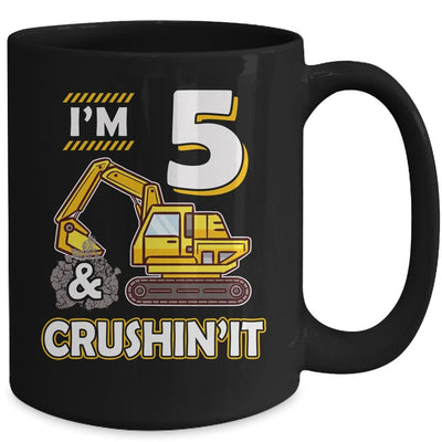 Kids 5 Year Old Vehicles Construction Excavator Birthday 5th Mug-Coffee Mug-
