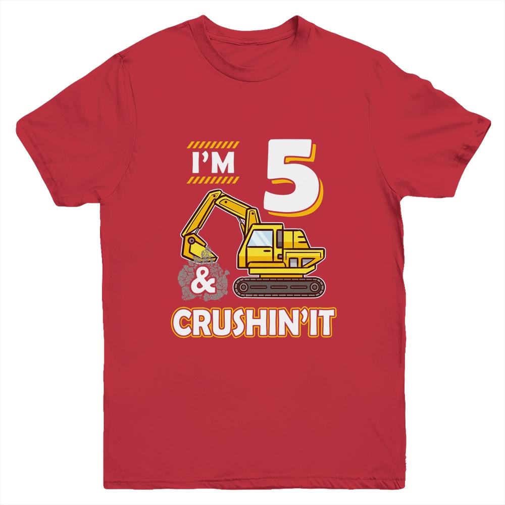Kids 5 Year Old Vehicles Construction Excavator Birthday 5th Youth-Youth Shirt-Youth T-Shirt-Red