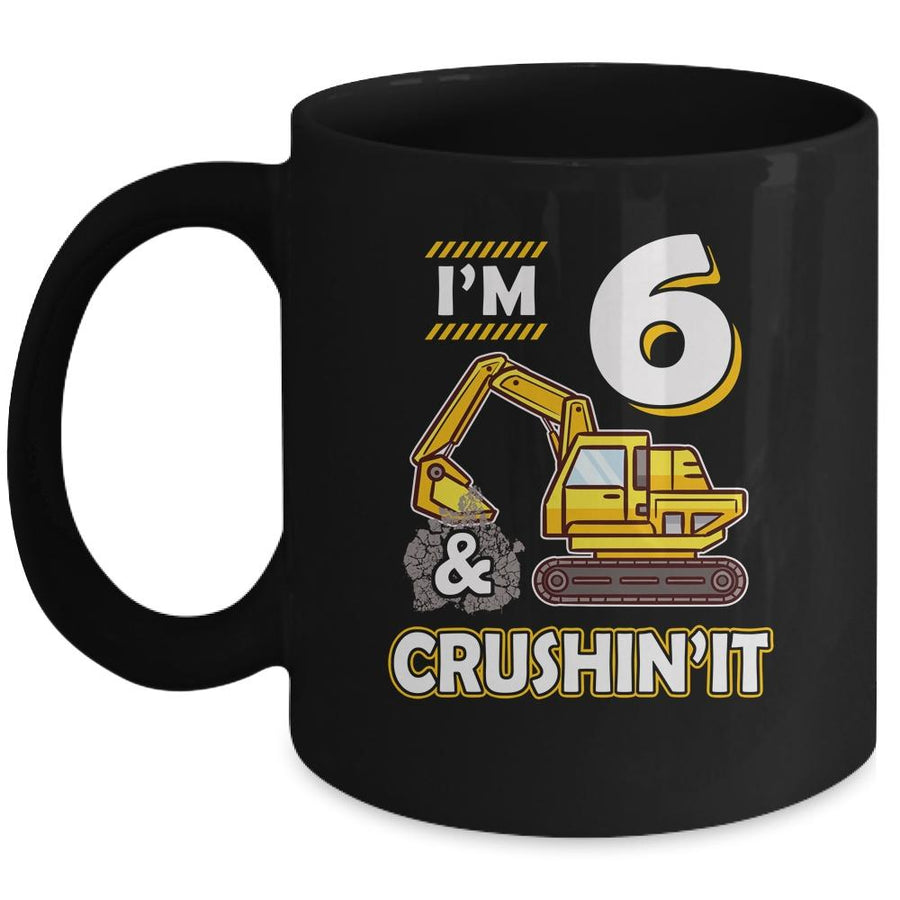 Kids 6 Year Old Vehicles Construction Excavator Birthday 6th Mug-Coffee Mug-Mug-Black