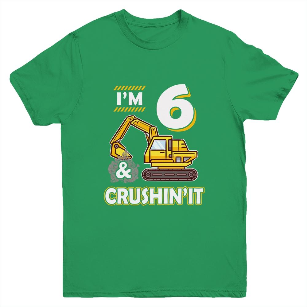 Kids 6 Year Old Vehicles Construction Excavator Birthday 6th Youth-Youth Shirt-Youth T-Shirt-Irish Green