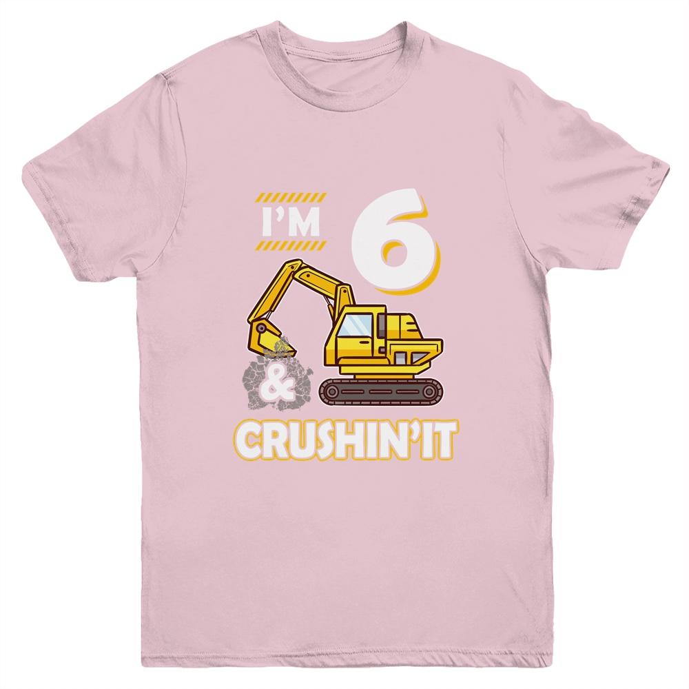 Kids 6 Year Old Vehicles Construction Excavator Birthday 6th Youth-Youth Shirt-Youth T-Shirt-Light Pink