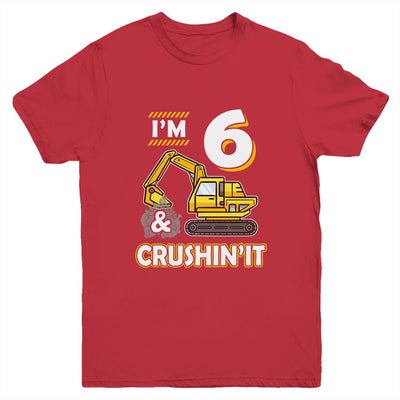 Kids 6 Year Old Vehicles Construction Excavator Birthday 6th Youth-Youth Shirt-Youth T-Shirt-Red