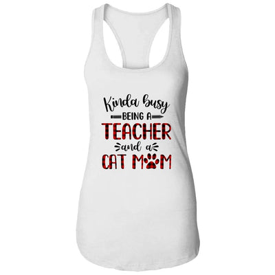 Kinda Busy Being A Teacher And A Cat Mom Red Plaid-T-Shirt & Tank Top-Women's Ideal Racerback Tank-White